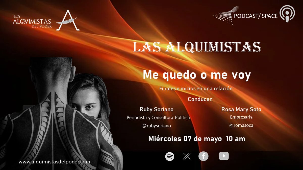 🎙️A las 10 am nos escuchamos en #LasAlquimistas con <a href="/romasoca/">rosa mary soto</a> y <a href="/rubysoriano/">Ruby Soriano</a> 
🎙️Los esperamos!!🎙️👇
x.com/i/spaces/1mrxm…