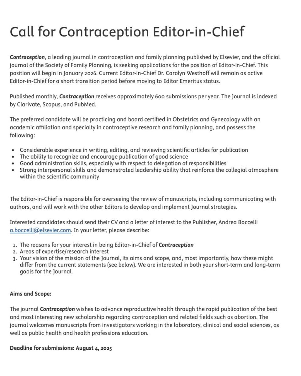 Contraception (@contraceptionjl) on Twitter photo 📣We’re looking for our next Editor-in-Chief!
Contraception (us!), the official journal of the Society of Family Planning, is looking for a new Editor-in-Chief to shape the future of reproductive health reasearch. 📝
➡️ Scroll to see the full requirements or click the link 📣We’re looking for our next Editor-in-Chief!
Contraception (us!), the official journal of the Society of Family Planning, is looking for a new Editor-in-Chief to shape the future of reproductive health reasearch. 📝
➡️ Scroll to see the full requirements or click the link
