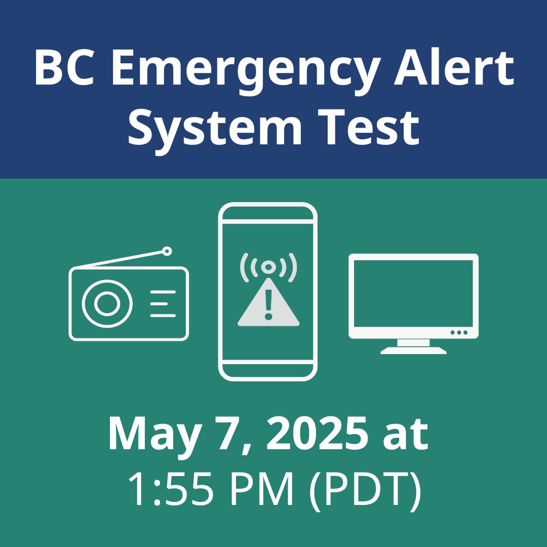 EMERGENCY ALERT TEST TODAY.
At 1:55 p.m. (PDT) today a test of the #BCEmergencyAlert system will occur. An alert tone &amp; test message will be sent to cell phones, radio &amp; TV. Learn more: emergencyinfobc.ca/test
#BC