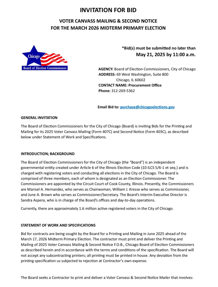 The Chicago Board of Elections has released an Invitation for Bids (IFB) for the 2025 Voter Canvass and Second Notice Mailing. Bids must be submitted no later than May 21, 2025 by 11:00 a.m. CT. For more info, go to: chicagoelections.gov/about-board/jo…