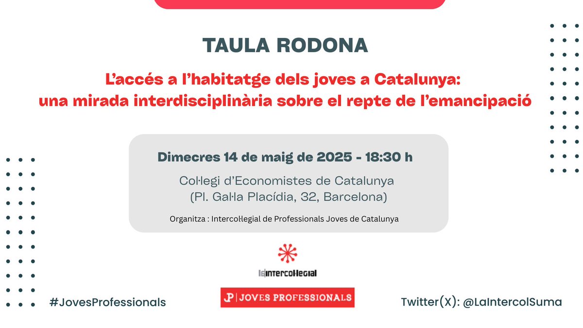 LaIntercolSuma (@laintercolsuma) on Twitter photo La Intercol·legial de Professionals Joves de Catalunya organitza la taula rodona:
🏠“L’accés a l’habitatge dels joves de Catalunya: una mirada interdisciplinària sobre el repte de l’emancipació”.
📅 14 de maig |🕕 18.30 h
📍Col·legi d’<a href="/economistescat/">Col·legi d'Economistes de Catalunya</a>
✍️ bit.ly/3Z9wa0n La Intercol·legial de Professionals Joves de Catalunya organitza la taula rodona:
🏠“L’accés a l’habitatge dels joves de Catalunya: una mirada interdisciplinària sobre el repte de l’emancipació”.
📅 14 de maig |🕕 18.30 h
📍Col·legi d’<a href="/economistescat/">Col·legi d'Economistes de Catalunya</a>
✍️ bit.ly/3Z9wa0n