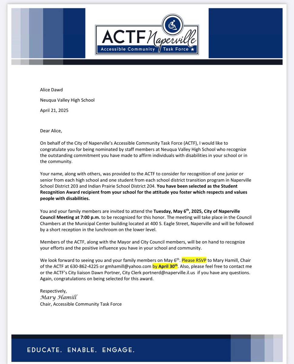 Congrats to Junior, Alice Dowd, on being a student recipient of an award from ACTF Naperville, for her commitment and respect towards people with disabilities. Alice, we are so proud of you!