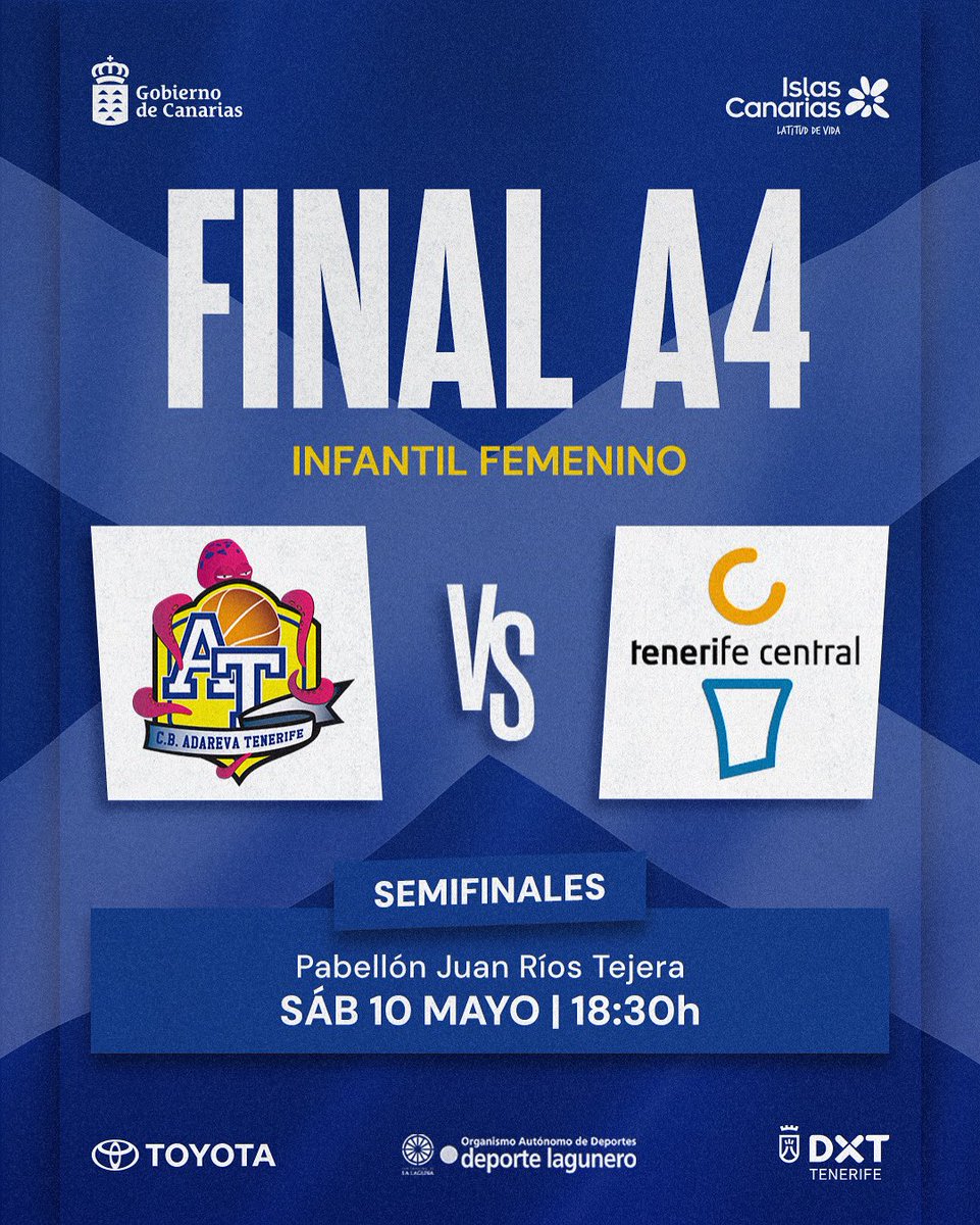 CB Adareva Tenerife (@cbadareva) on Twitter photo 💥 Este sábado 10 de mayo nuestro Infantil jugará la semifinal de la Final A4 tras haber cerrado la Liga Regular como líderes 🥇 con un impresionante balance de 23 victorias y solo 1 derrota
📍 Pabellón Juan Ríos Tejera
🕖 18:30h
🆚 <a href="/TenerifeCentral/">CB Tenerife Central</a>
💛💙 #SomosAdareva 💥 Este sábado 10 de mayo nuestro Infantil jugará la semifinal de la Final A4 tras haber cerrado la Liga Regular como líderes 🥇 con un impresionante balance de 23 victorias y solo 1 derrota
📍 Pabellón Juan Ríos Tejera
🕖 18:30h
🆚 <a href="/TenerifeCentral/">CB Tenerife Central</a>
💛💙 #SomosAdareva