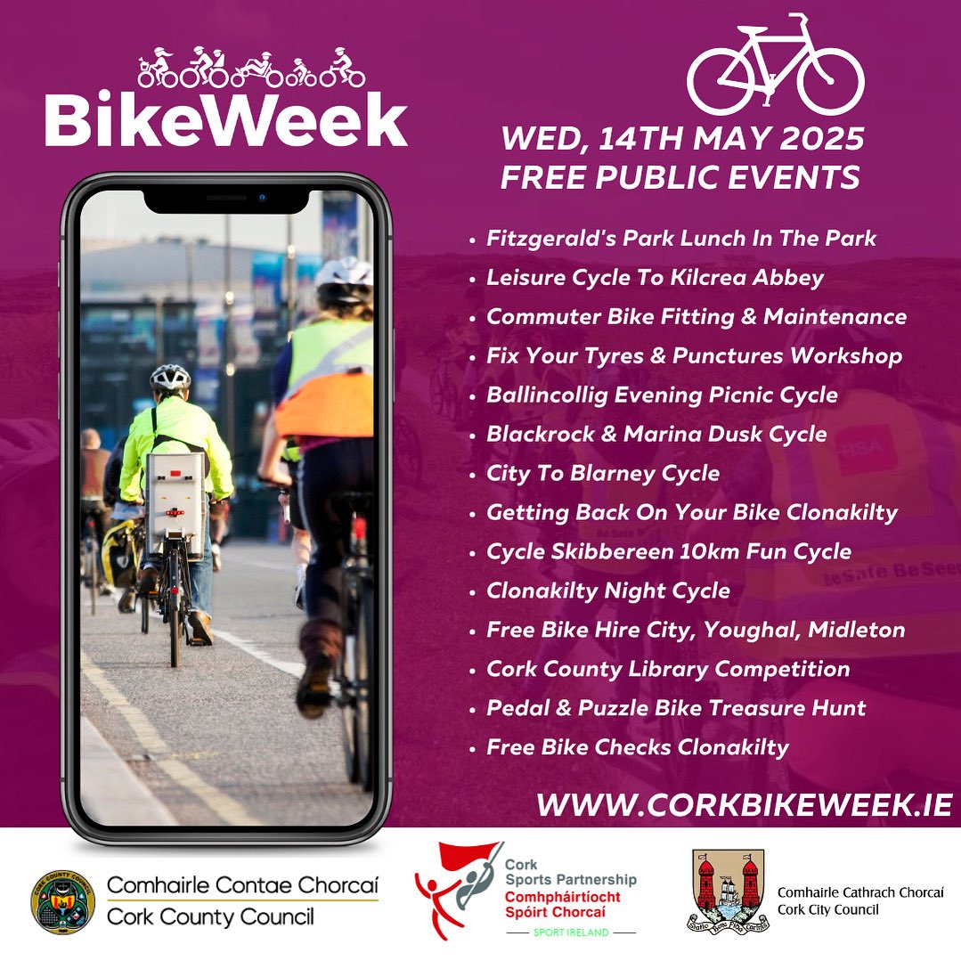 🤩🚲 Bike Week Cork | Wed, 14th May Public Events ✨

Bike Week Cork kicks off this Saturday, check out just some of the free, fun public events for Wednesday! 

📆 Sat, 10th - Sun, 18th May
📍 Cork City &amp; County
🚲 Over 320+ Events

ℹ️ corksports.ie/latest-news/bi…