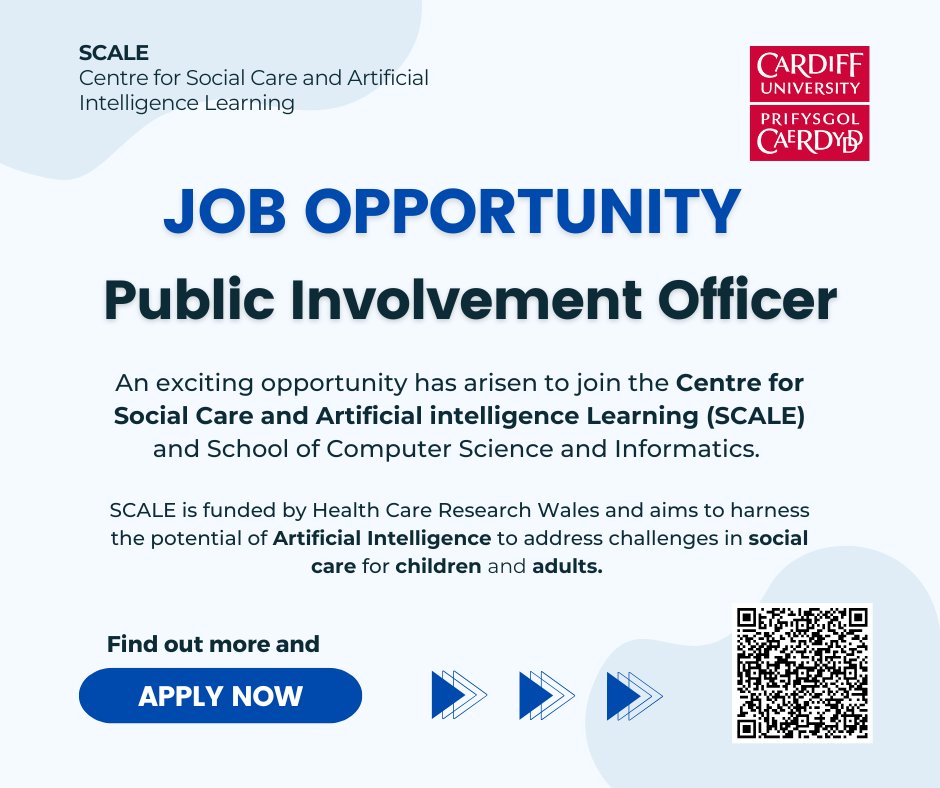 📣 New #JobOpportunity: Public Involvement Officer

📍 Location: SCALE, Centre for Social Care and Artificial Intelligence Learning, Cardiff University

⏰ Closing Date: 18th May 

Find out more &amp; apply ➡️ krb-sjobs.brassring.com/TGnewUI/Search…

#SocialCareJobs #ResearchJobs #PublicInvolvement