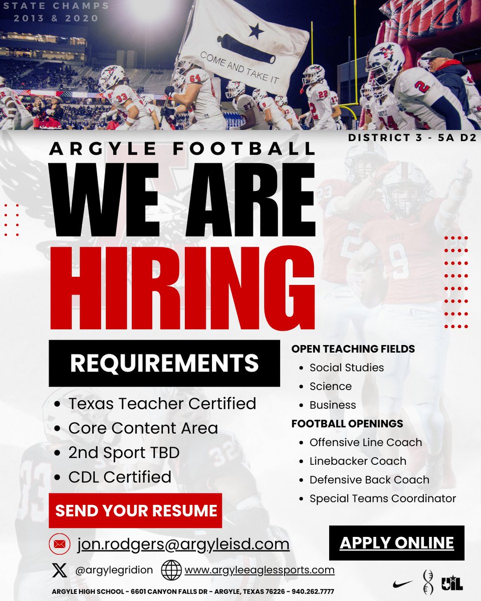 Argyle Football (@argylegridiron) on Twitter photo Argyle Football has some open coaching positions. See the graphic below for more information.
If interested email your resume to Todd Rodgers at:
jon.rodgers@argyleisd.com
Apply Online at:
applitrack.com/argyleisd/onli…
<a href="/Matt_Stepp817/">Matt Stepp</a> <a href="/dctf/">Dave Campbell's Texas Football — TexasFootball.com</a>
#EYES | #DNA | #txhsfb
@argyleisd Argyle Football has some open coaching positions. See the graphic below for more information.
If interested email your resume to Todd Rodgers at:
jon.rodgers@argyleisd.com
Apply Online at:
applitrack.com/argyleisd/onli…
<a href="/Matt_Stepp817/">Matt Stepp</a> <a href="/dctf/">Dave Campbell's Texas Football — TexasFootball.com</a>
#EYES | #DNA | #txhsfb
@argyleisd