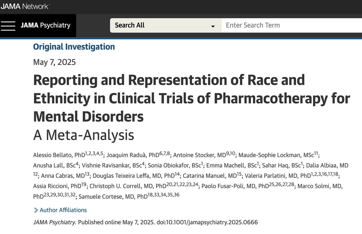 In our new study in <a href="/JAMAPsych/">JAMA Psychiatry</a> led by the amazing <a href="/AlessioBellato/">Alessio Bellato</a> from <a href="/unisouthampton/">University of Southampton</a>, we analysed 1683 randomised controleld trials and found underrepresentation of certain racial and ethnic groups 
jamanetwork.com/journals/jamap…