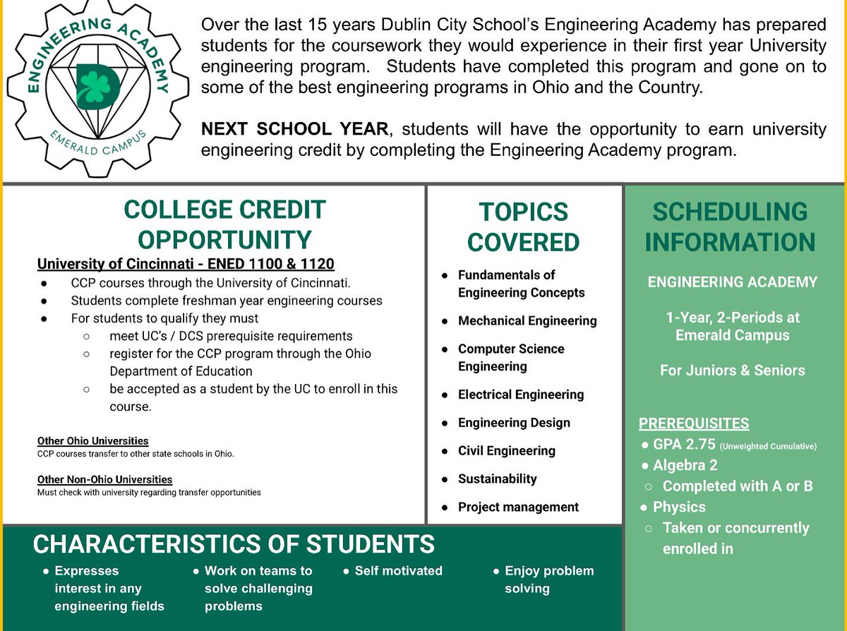Chad Ellis (@mrellisphysics) on Twitter photo ATTENTION <a href="/DublinCoffmanHS/">Dublin Coffman HS</a> <a href="/dublinjeromehs/">Dublin Jerome HS</a> <a href="/dshsDCSD/">Irish Nation</a> current soph & juniors. Students can now earn 2 college engineering credits through <a href="/DublinSchools/">Dublin City Schools</a> as we partner with <a href="/uofcincy/">University of Cincinnati</a>
Ss should contact their guidance counselor need to sign up for Engineering Academy <a href="/DCSEmerald/">DCS Emerald Campus</a> ATTENTION <a href="/DublinCoffmanHS/">Dublin Coffman HS</a> <a href="/dublinjeromehs/">Dublin Jerome HS</a> <a href="/dshsDCSD/">Irish Nation</a> current soph & juniors. Students can now earn 2 college engineering credits through <a href="/DublinSchools/">Dublin City Schools</a> as we partner with <a href="/uofcincy/">University of Cincinnati</a>
Ss should contact their guidance counselor need to sign up for Engineering Academy <a href="/DCSEmerald/">DCS Emerald Campus</a>