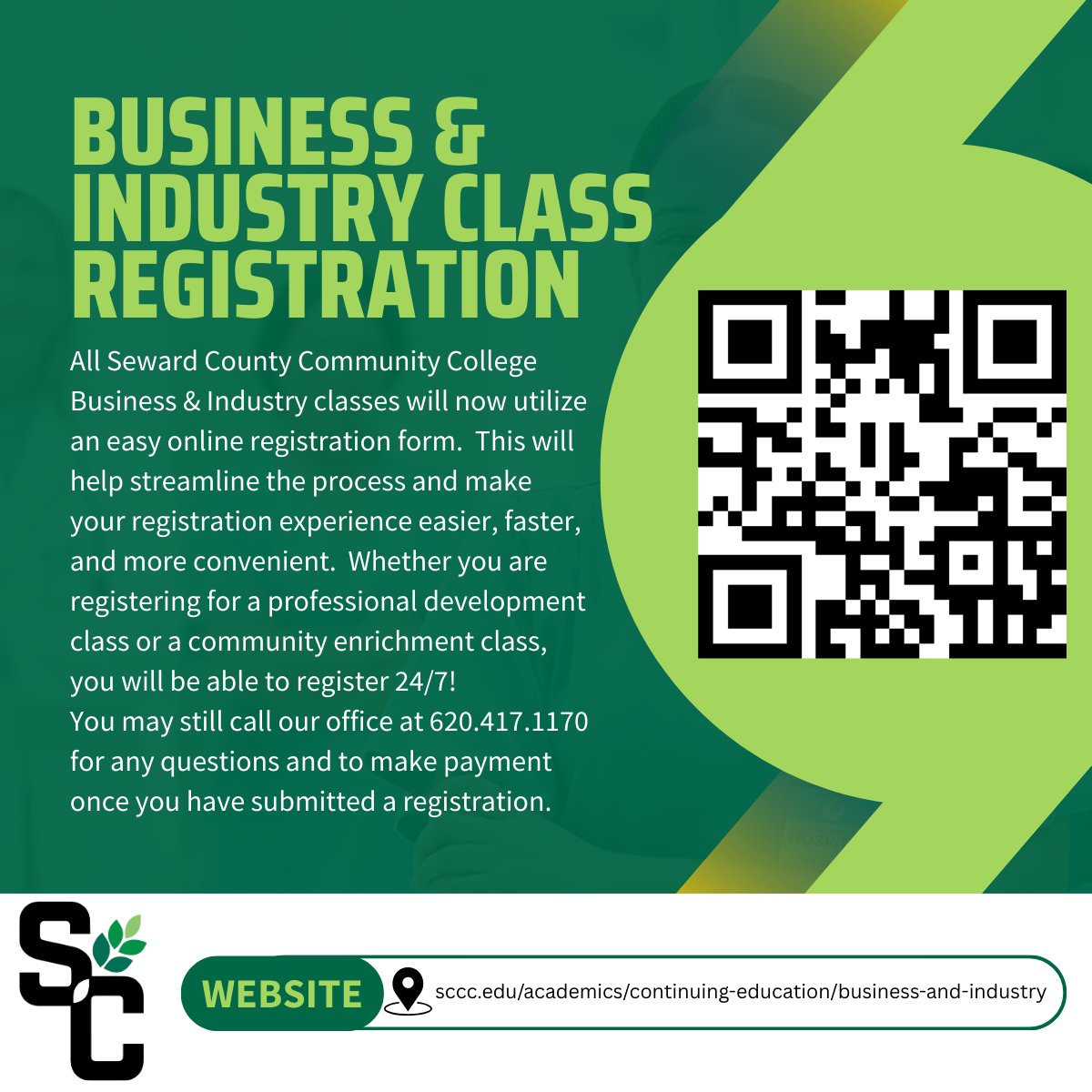 To register for any of our Business &amp; Industry classes, please scan the QR code or visit our website and the registration link.  You will still have to stop by our office or call to make payment.
Thank you for helping us make this change to our process!