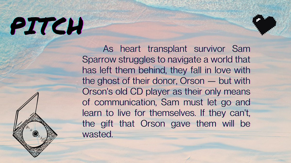 l_a_winter's tweet image. A young heart transplant survivor falls in love with the ghost of their donor.
🦋Gender-ambiguous first person POV
👻 ghosts💿 mix CDs🌴a dreamy, beachy setting
🫀Set in 2003
#agentguide #questpit #YA #Q #paranormal #paranormalromance