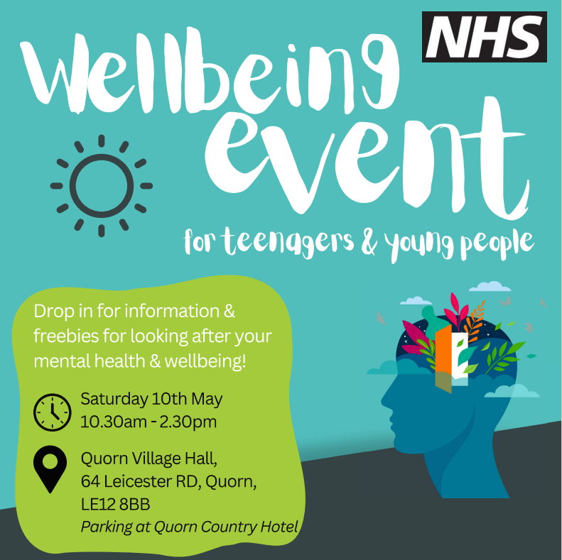 NHS Leicester, Leicestershire and Rutland (@nhs_llr) on Twitter photo A Mental Health & Wellbeing for Young People drop in event is taking place on Saturday (10 May), between 10.30am - 2.30pm at Quorn Village Hall, LE12 8BB.
Local organisations will also be attending and sharing advice, resources, and support.
Visit: …erleicestershireandrutland.icb.nhs.uk/wp-content/upl… A Mental Health & Wellbeing for Young People drop in event is taking place on Saturday (10 May), between 10.30am - 2.30pm at Quorn Village Hall, LE12 8BB.
Local organisations will also be attending and sharing advice, resources, and support.
Visit: …erleicestershireandrutland.icb.nhs.uk/wp-content/upl…