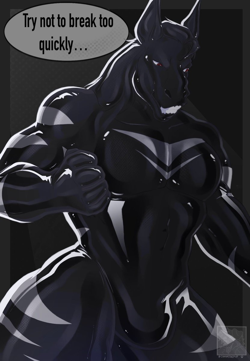 CanvasThePup's tweet photo. Cute doberman heroes shouldn’t wander too far on their own, otherwise latex horses might use them as suit filling~
.
.
🎨🖌️ For @augushoss and @RelorianJackal 
I had such a great time working with them, and hopefully they get cozy spending some time together~
#furryartist #latex https://t.co/592qYEDU98