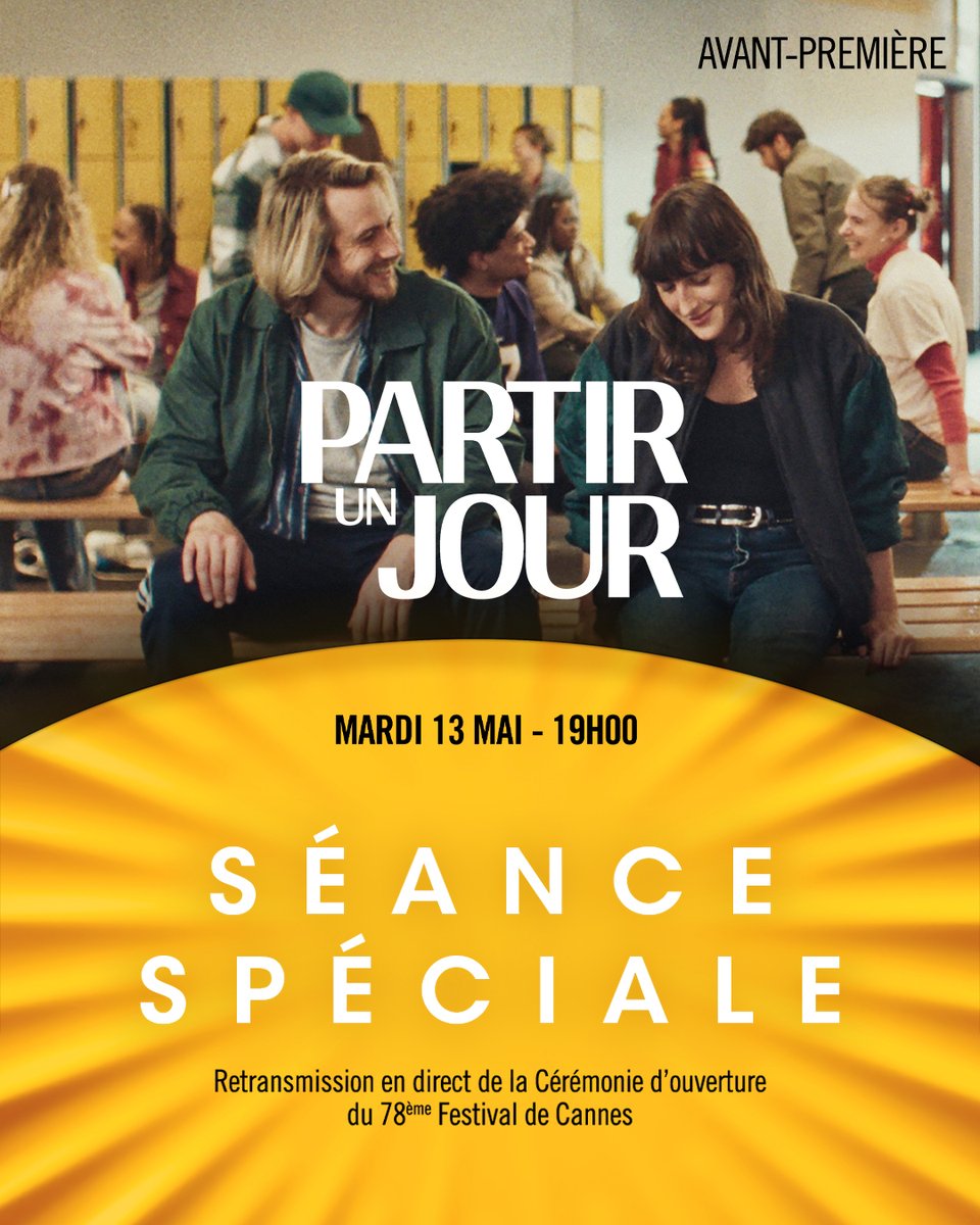 Pathé France (@pathefrance) on Twitter photo Le mardi 13 mai, vivez en direct la Cérémonie d’Ouverture du <a href="/Festival_Cannes/">Festival de Cannes</a> 2025 suivie de la projection du film d’ouverture : #PartirUnJour, avec Juliette Armanet & Bastien Bouillon ! Pour réserver, c'est ici : spkl.io/6016f0XLC Le mardi 13 mai, vivez en direct la Cérémonie d’Ouverture du <a href="/Festival_Cannes/">Festival de Cannes</a> 2025 suivie de la projection du film d’ouverture : #PartirUnJour, avec Juliette Armanet & Bastien Bouillon ! Pour réserver, c'est ici : spkl.io/6016f0XLC