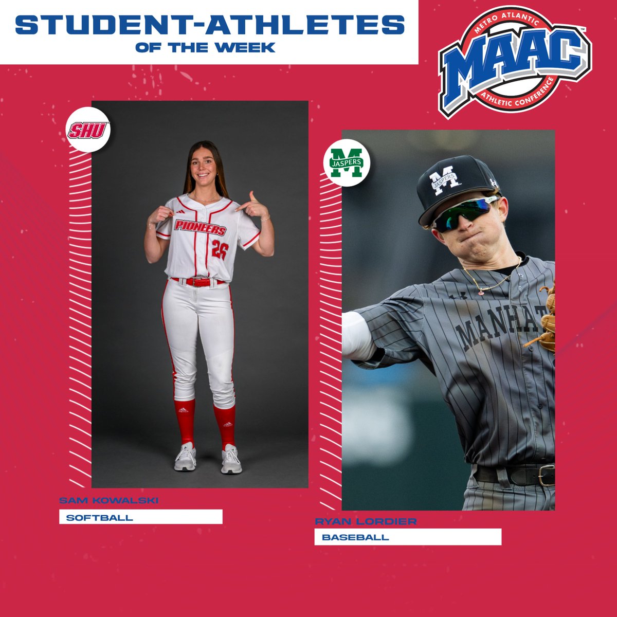 #MAACSports (@maacsports) on Twitter photo Congrats to this week's MAAC Student Athletes of the Week!
Sam Kowalski, <a href="/shu_softball/">Sacred Heart University Softball</a>
Ryan Lordier, <a href="/JaspersBaseball/">Manhattan Baseball</a>
📰: bit.ly/3RSkXxd
#MAACSports Congrats to this week's MAAC Student Athletes of the Week!
Sam Kowalski, <a href="/shu_softball/">Sacred Heart University Softball</a>
Ryan Lordier, <a href="/JaspersBaseball/">Manhattan Baseball</a>
📰: bit.ly/3RSkXxd
#MAACSports