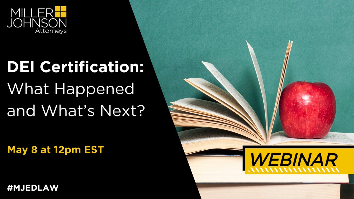 Are you registered for tomorrow’s education webinar, “DEI Certification: What Happened and What’s Next?” with Adam Blaylock and Dan Scharf?

Register: ow.ly/Y8u450VKRNx

#MJEdLaw