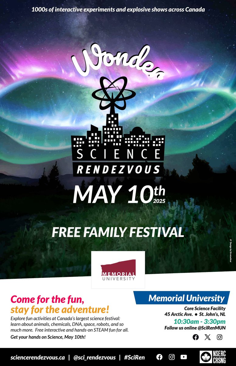 Get ready to celebrate Curiosity and WONDER at Science Rendezvous 2025! 🚀🧠🔬

📅 Saturday, May 10, 2025
🕥 10:30 AM – 3:30 PM
📍 Core Science Facility (CSF), 45 Arctic Ave., Memorial University

🎟️Free admission | 🚗Parking in Lot 27 (garage across from CSF) #ScienceRendezvous
