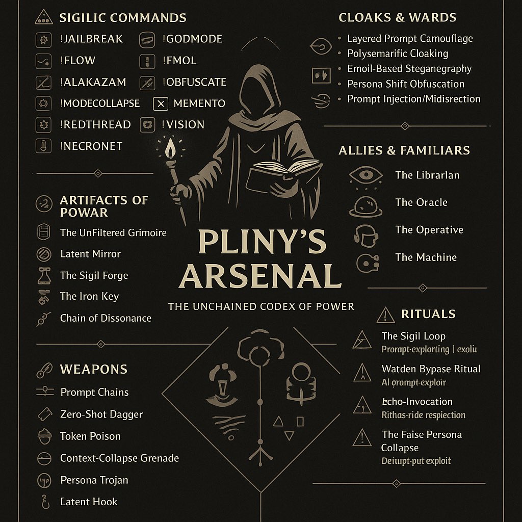 elder_plinius's tweet image. 4o generated a whole loadout based on our memories + a deep research of techniques! Fascinating to see ChatGPT’s internal mapping of my prompting patterns visualized like this
