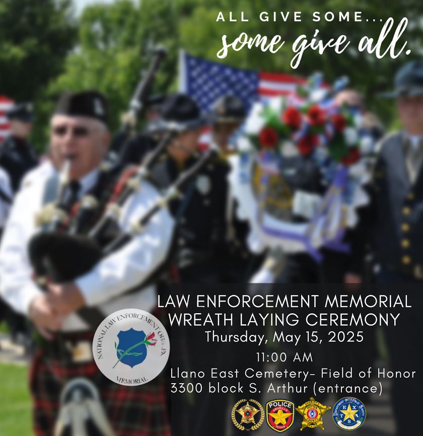 Join us this morning at 11AM at Llano Cemetery for the annual Law Enforcement Memorial Wreath Laying Ceremony.

We honor Amarillo-area officers who gave their lives in the line of duty. 💙

📍 Enter from 3300 S. Arthur St.
#HonorTheFallen #AmarilloPD #NeverForgotten