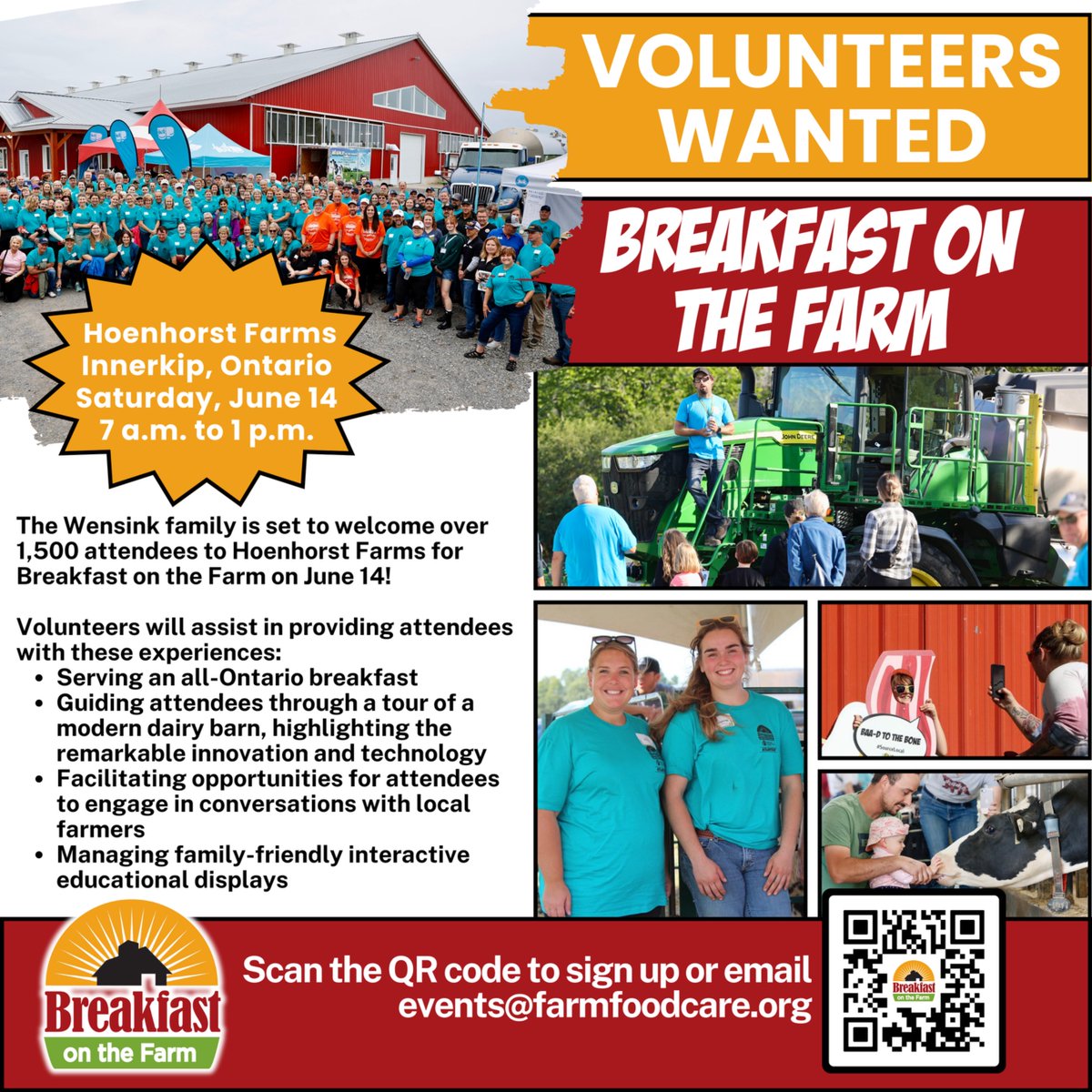 FFCO is looking for outgoing, friendly volunteers to help bring agriculture to life at our Breakfast on the Farm event on Saturday, June 14, 2025, at Hoenhorst Farms in Innerkip!
Read the full details and sign up today: ow.ly/Ys8y50VNPGx
