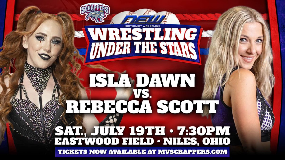 In one of her first matches post WWE, <a href="/RealIslaDawn/">Isla Dawn</a> takes on <a href="/rebeccajscott_/">RJS🖤</a> at Wrestling Under the Stars in Niles, OH on Sat, July 19th, presented by <a href="/newwrestling1/">Northeast Wrestling</a> 

Meet Isla Dawn during the pre-show meet &amp; greet with ATD Promotions! 

Also appearing is KANE, Maria Kanellis,