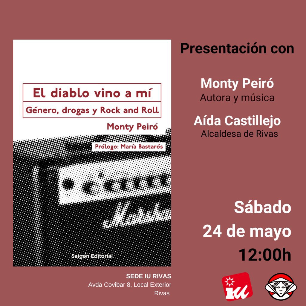 💥GENTE DE RIVAS💥

El próximo sábado 24 de mayo a las 12.00h <a href="/montypeiro/">Monty Peiró</a> presentará “El diablo vino a mí” en Rivas, en la sede de <a href="/IURIVAS/">IU #Rivas 🔻</a> (Avda Covibar 8), Rivas Vaciamadrid. 

Participa: <a href="/AidaCast/">Aída Castillejo</a> (alcaldesa de Rivas).

Vente!!