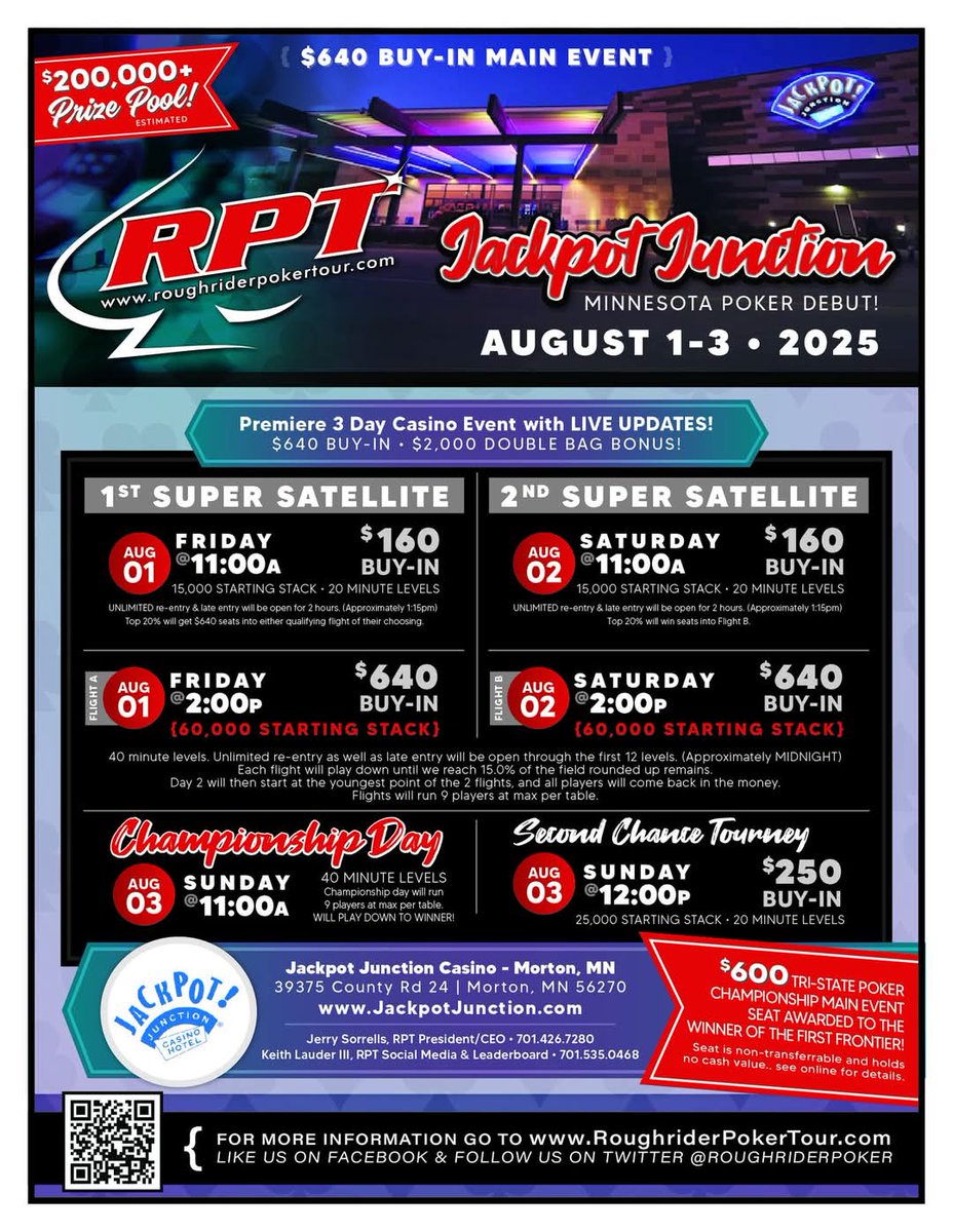 MNPokerUpdates's tweet image. The @RoughriderPoker is making their Minnesota debut @jackpotjunction in Morton, MN!!!
August 1-3rd
$640 Main Event:
60k starting stack
40 minute levels
$2,000 buy back bonus
2 $160 Top 20% qualifying satellites.
This tournament will also qualify for MN Player of Year…