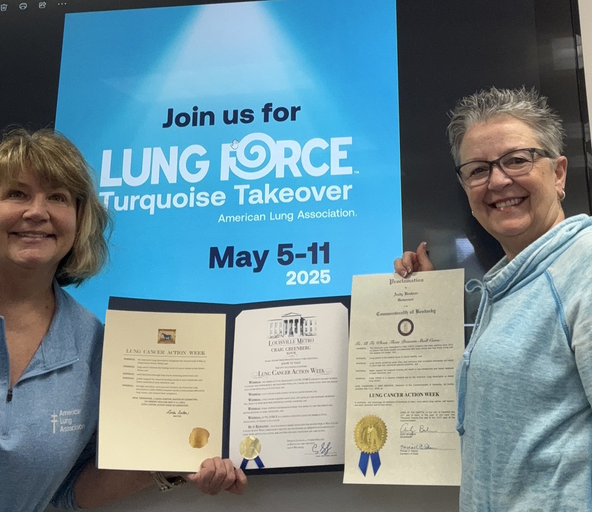LUNG FORCE (@lungforce) on Twitter photo A big thanks to <a href="/AndyBeshearKY/">Andy Beshear</a> and <a href="/LouisvilleMayor/">Mayor Craig Greenberg</a> for issuing proclamations in recognition of our #LungCancerActionWeek! #TurquoiseTakeover A big thanks to <a href="/AndyBeshearKY/">Andy Beshear</a> and <a href="/LouisvilleMayor/">Mayor Craig Greenberg</a> for issuing proclamations in recognition of our #LungCancerActionWeek! #TurquoiseTakeover