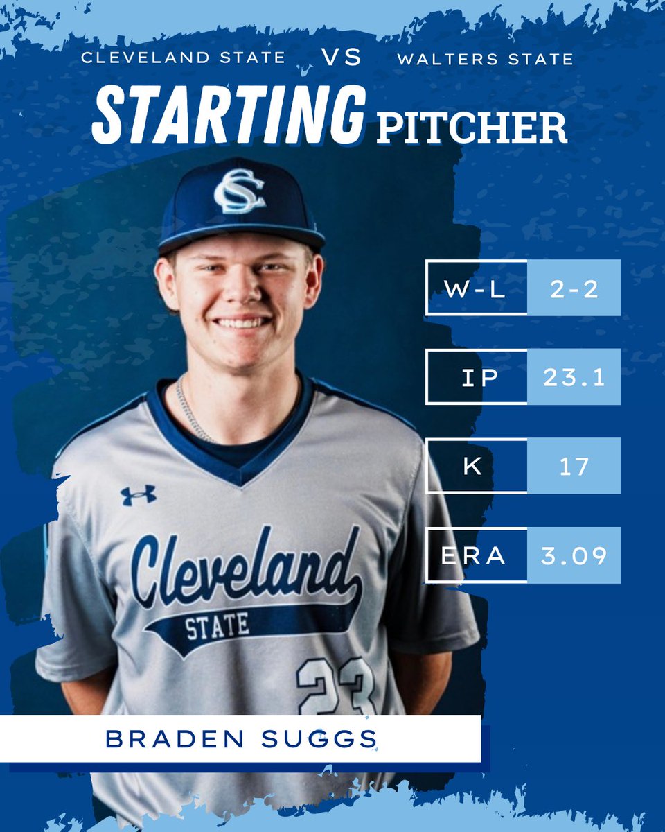 Cleveland State ⚾️ (@cscc_bsb) on Twitter photo Starting pitcher for today’s game against Walters State is Braden Suggs!
<a href="/CS_Athletics/">Cleveland State Cougars</a>
#ClevelandStateBaseball Starting pitcher for today’s game against Walters State is Braden Suggs!
<a href="/CS_Athletics/">Cleveland State Cougars</a>
#ClevelandStateBaseball