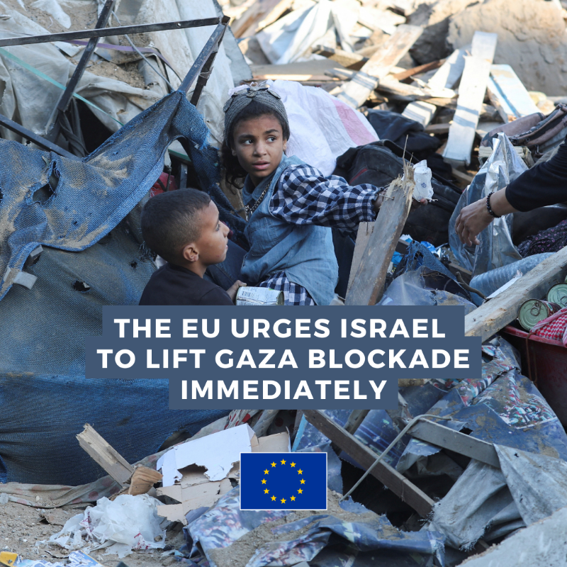 eu_eeas's tweet photo. The EU calls on Israel to lift the blockade on Gaza without delay. Over two months without aid is deeply alarming. 

Humanitarian assistance must never be politicised. 

Read the joint statement by HR/VP @kajakallas, Commissioner @dubravkasuica and Commissioner @hadjalahbib ⤵️