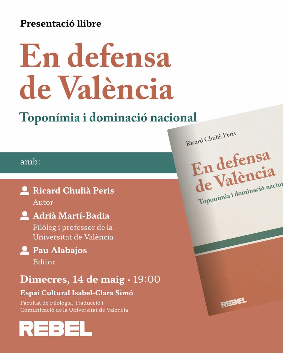 Rebel Edicions (@rebeledicions) on Twitter photo 📣Presentació #EnDefensaDeValència📣
📅Dimecres, 14 de maig, a les 19h
📍Facultat de Filologia de la Universitat de València (Blasco Ibáńez)
Amb <a href="/adria_marti_/">Adrià Martí-Badia</a> <a href="/PauAlabajos/">Pau Alabajos</a> <a href="/RicardChulia/">Ricard Chulià Peris🎗🏴☠️</a> 📣Presentació #EnDefensaDeValència📣
📅Dimecres, 14 de maig, a les 19h
📍Facultat de Filologia de la Universitat de València (Blasco Ibáńez)
Amb <a href="/adria_marti_/">Adrià Martí-Badia</a> <a href="/PauAlabajos/">Pau Alabajos</a> <a href="/RicardChulia/">Ricard Chulià Peris🎗🏴☠️</a>