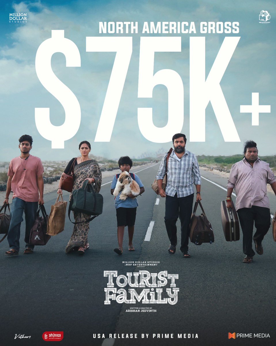PrimeMedia (@primemediaus) on Twitter photo Beautiful #TouristFamily winning ❤️ & BO
Debutant #AbishanJeevinth creation has crossed $75K in North America
The journey has just started & BO potential is unlimited
#Sasikumar #Simran #SeanRoldan
<a href="/ahimsafilms/">Ahimsa Entertainment</a> Beautiful #TouristFamily winning ❤️ & BO
Debutant #AbishanJeevinth creation has crossed $75K in North America
The journey has just started & BO potential is unlimited
#Sasikumar #Simran #SeanRoldan
<a href="/ahimsafilms/">Ahimsa Entertainment</a>