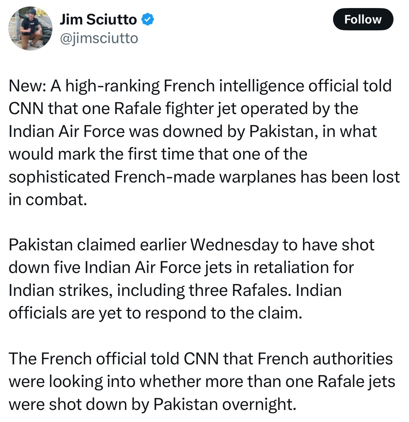 Ihtisham Ul Haq on X: "Breaking News 🚨 A senior French intel official  tells CNN an Indian Rafale jet was downed by Pakistan — potentially the  first Rafale lost in combat. Pakistan