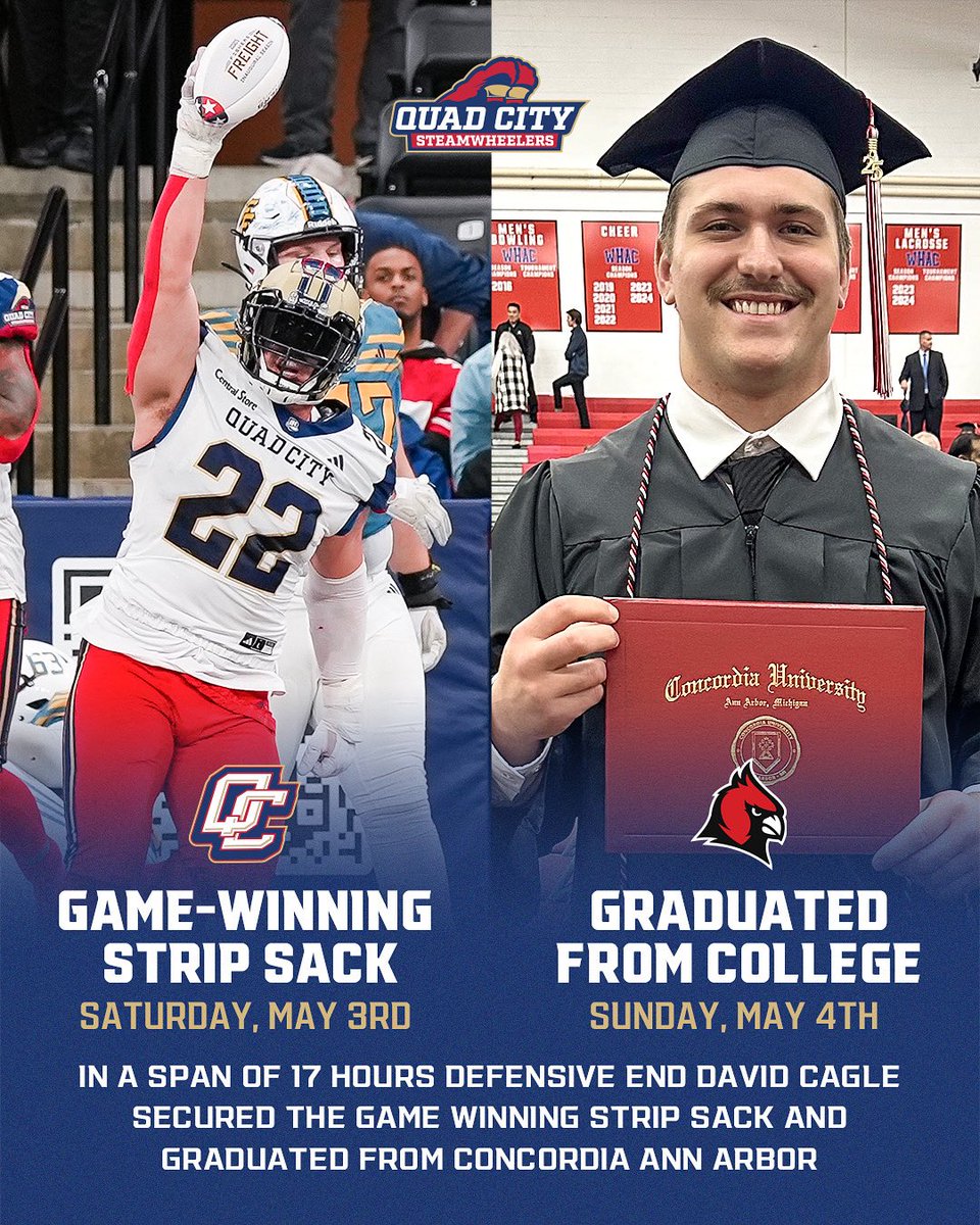 Quad City Steamwheelers (@qcsteam) on Twitter photo Talk about a busy 24 hours!
Defensive end David Cagle secured our win on Saturday with a strip sack, then on Sunday graduated from Concordia Ann Arbor <a href="/CUAACardinals/">Concordia Cardinals</a>
Congratulations David!
#sQUADCITY | #EarnYourStacks Talk about a busy 24 hours!
Defensive end David Cagle secured our win on Saturday with a strip sack, then on Sunday graduated from Concordia Ann Arbor <a href="/CUAACardinals/">Concordia Cardinals</a>
Congratulations David!
#sQUADCITY | #EarnYourStacks