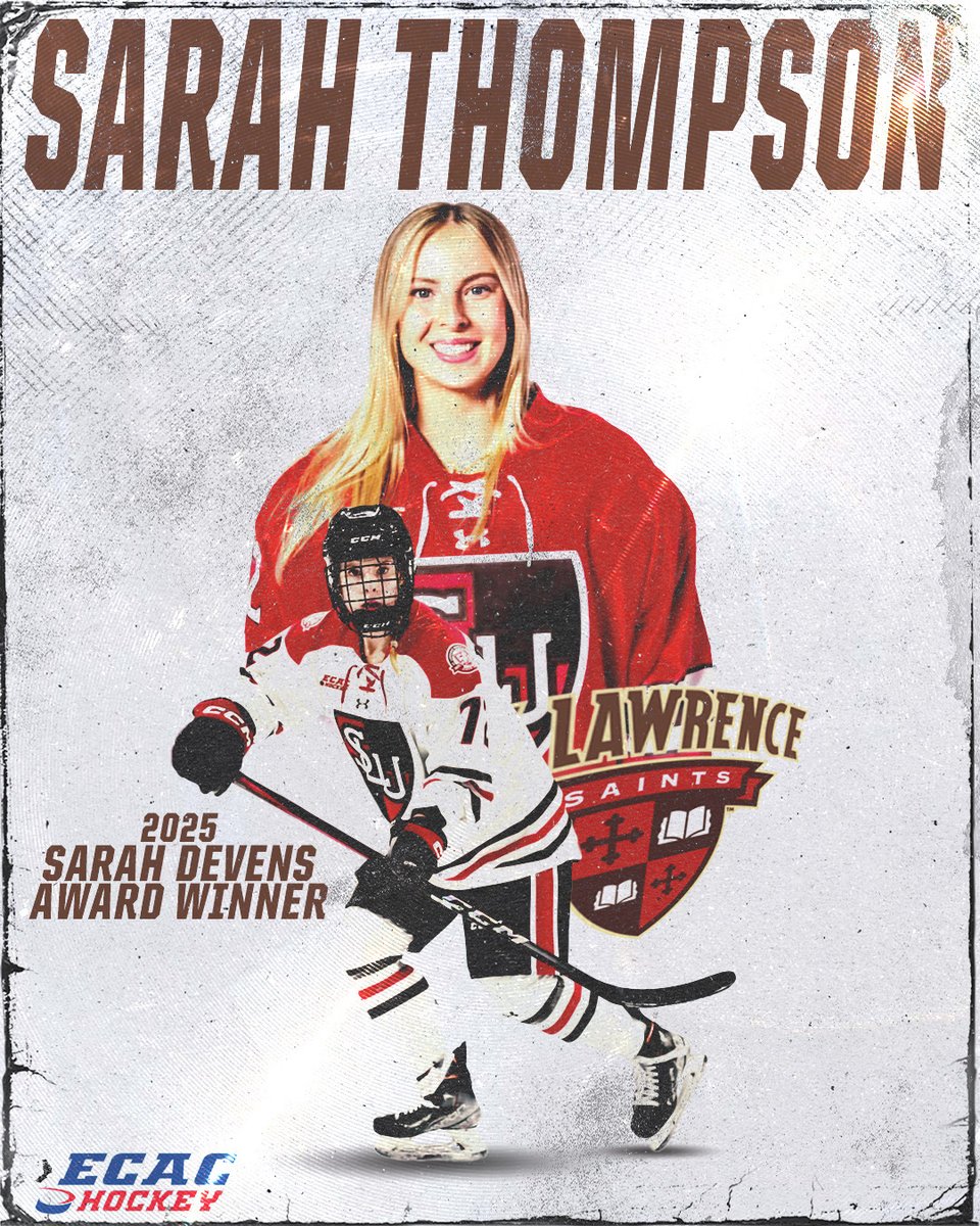 ECAC Hockey (@ecachockey) on Twitter photo Another huge accolade for <a href="/thompsonsarah_/">Sarah Thompson</a>! The <a href="/SLU_whockey/">St. Lawrence Women's Hockey</a> graduate student is the 2025 Sarah Devens Award winner!
🔗 ecachockey.com/news/2025/5/1/…
#ECACHockey Another huge accolade for <a href="/thompsonsarah_/">Sarah Thompson</a>! The <a href="/SLU_whockey/">St. Lawrence Women's Hockey</a> graduate student is the 2025 Sarah Devens Award winner!
🔗 ecachockey.com/news/2025/5/1/…
#ECACHockey