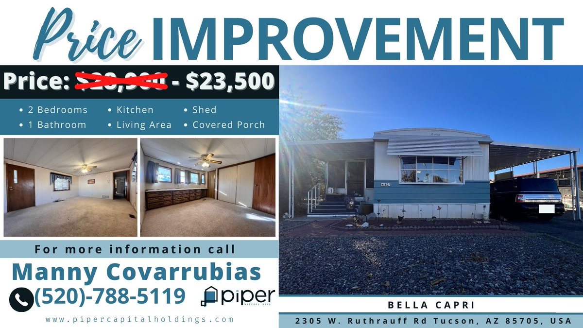 PiperCapital's tweet photo. Price Drop! Now $23,500

2305 W. Ruthrauff Rd Tucson, Az 85705
2 Bed | 1 Bath | 980 Sq Ft
✔  Screened-in porch
✔  2 sheds for storage
Affordable living in sunny Tucson!
Schedule a tour today!
📞 (480)-447-1440 | ✉️ info@pipercapitalholdings.com
🌐 https://t.co/DOojocpzXc https://t.co/hpHhNmGaFb