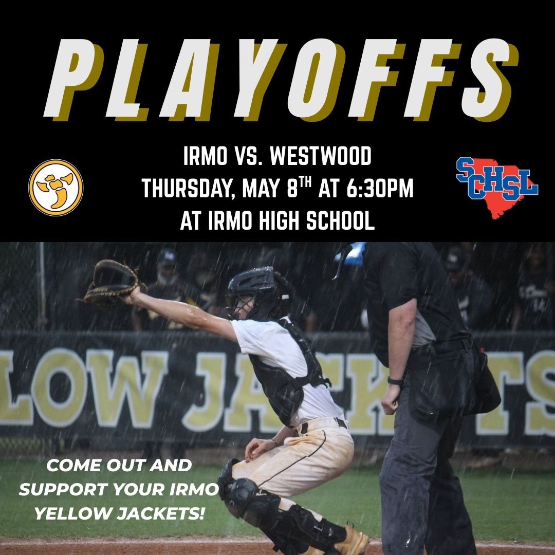 IrmoBaseball (@baseballirmo) on Twitter photo We need you Thursday! Come out and support these guys!
🕒 6:30pm
🆚 Westwood
🎟️ $8 (cash or card)
<a href="/IrmoHigh/">Irmo High School International School for the Arts</a> <a href="/irmoathletics/">Irmo Athletics</a> <a href="/IrmoSportsMed/">IRMO SPORTS MEDICINE</a> <a href="/IrmoYJC/">IrmoYellowJacketClub</a> <a href="/SpringHillHS/">Spring Hill High</a> We need you Thursday! Come out and support these guys!
🕒 6:30pm
🆚 Westwood
🎟️ $8 (cash or card)
<a href="/IrmoHigh/">Irmo High School International School for the Arts</a> <a href="/irmoathletics/">Irmo Athletics</a> <a href="/IrmoSportsMed/">IRMO SPORTS MEDICINE</a> <a href="/IrmoYJC/">IrmoYellowJacketClub</a> <a href="/SpringHillHS/">Spring Hill High</a>