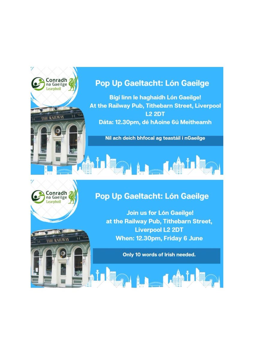 Lón Gaeilge May 2025
IrishLanguage# CúplaFocalLunchLiverpool #LónGaeilgeLiverpool #PopUpGaeltachtLunchLiverpool #IrishLanguageLunchRailwayPub