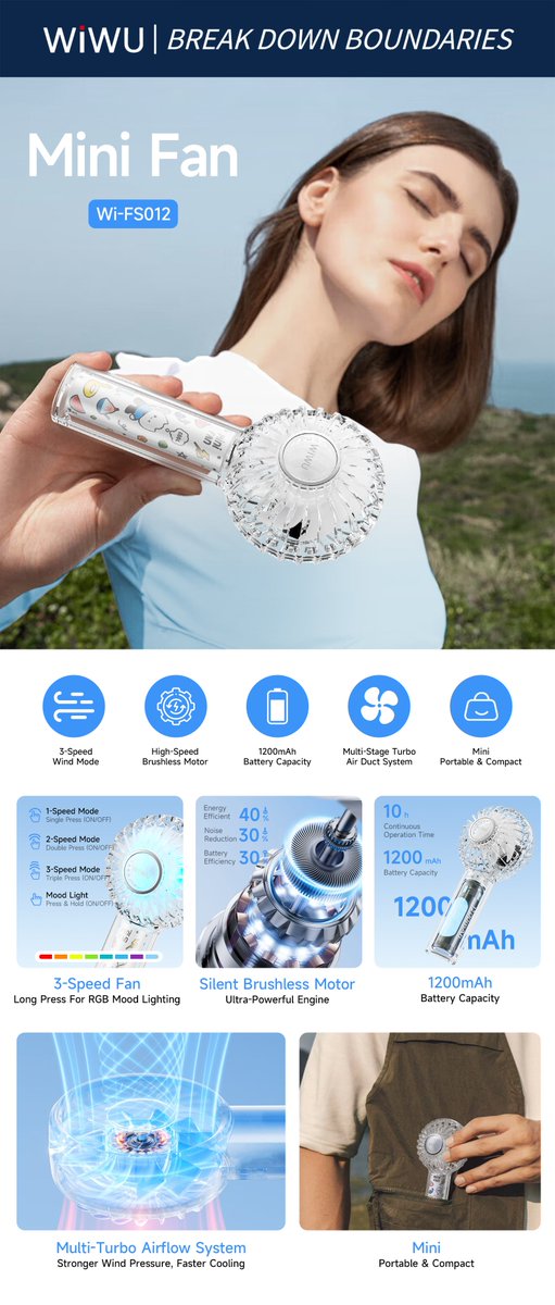 WiwuGlobal's tweet image. Heat wave? Bring this tiny tornado 🌪️ 3 speeds, palm-size, bag-friendly. Summer’s best buy. #WiWU #MiniFan  #HotWeatherHack #CoolingEssentials #FanLife  #RomanticGift #DeskAesthetic #SummerLove #AestheticFan #SummerTool #DeskSetup #TouchControl #summer #FanTok #wind #gift #travel