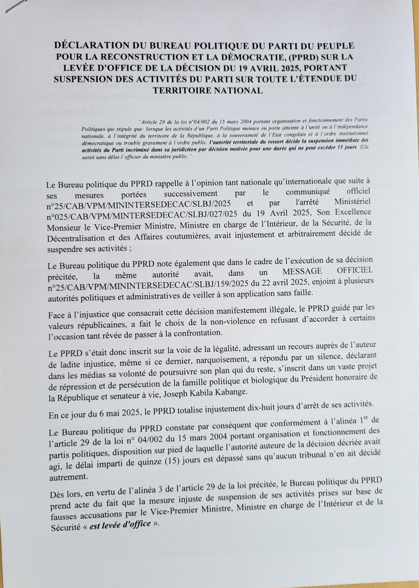 Ibandagrace's tweet image. #RDC:  🛑🛑📌📌 La suspension des activités du #PPRD est levée d&apos;office.
 En vertu des alinéas 1 et 3 de l&apos;article 29 de la loi n° 04/002 du 15 mars 2004, qui régit l&apos;organisation et le fonctionnement des partis politiques, le délai de quinze (15) jours accordé pour une réaction…