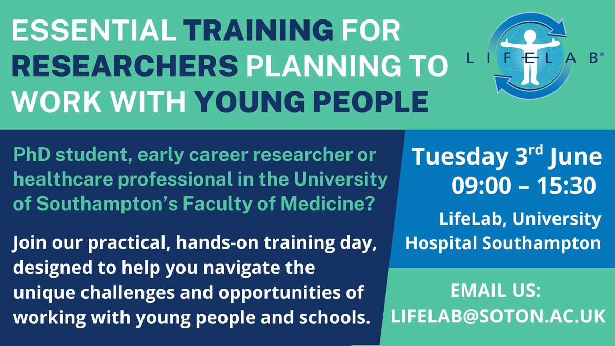 LifeLab (@lifelabsoton) on Twitter photo Do you work or study at <a href="/UoS_Medicine/">Southampton Medicine</a>? Planning to work with young people?
Join our training day. Find out more and book your place:
Post-graduate research students 👉 bit.ly/researcher-cpd…
Staff 👉 bit.ly/researcher-cpd… Do you work or study at <a href="/UoS_Medicine/">Southampton Medicine</a>? Planning to work with young people?
Join our training day. Find out more and book your place:
Post-graduate research students 👉 bit.ly/researcher-cpd…
Staff 👉 bit.ly/researcher-cpd…