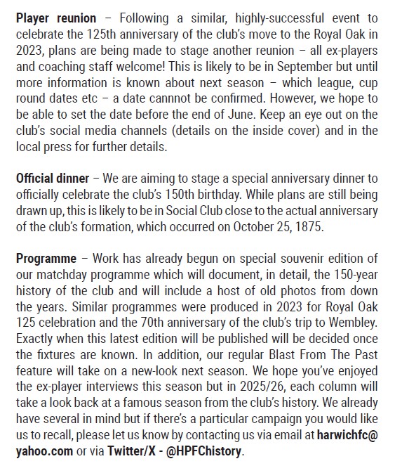 Harwich & Parkeston FC History (@hpfchistory) on Twitter photo π¦ With the season now over, a summer of #HPFC150 planning lies ahead.
π For those who didn't read this in the <a href="/OfficialHarwich/">Harwich and (P)arkeston FC</a> programme, here's an update on celebatory events in the offing. More to come too.
π Let us know which seasons we should reflect on... π¦ With the season now over, a summer of #HPFC150 planning lies ahead.
π For those who didn't read this in the <a href="/OfficialHarwich/">Harwich and (P)arkeston FC</a> programme, here's an update on celebatory events in the offing. More to come too.
π Let us know which seasons we should reflect on...