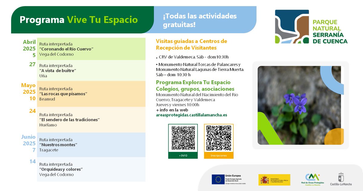 Este sábado 10 de mayo, dentro del programa Vive tu Espacio, te invitamos a la ruta senderista interpretada "Las rocas que pisamos", en Beamud.
Para los más andarines... 🥾🏞️🌿🌷💦
Inscríbete aquí (es gratis) 👇
areasprotegidas.castillalamancha.es/rap/espacios-n…