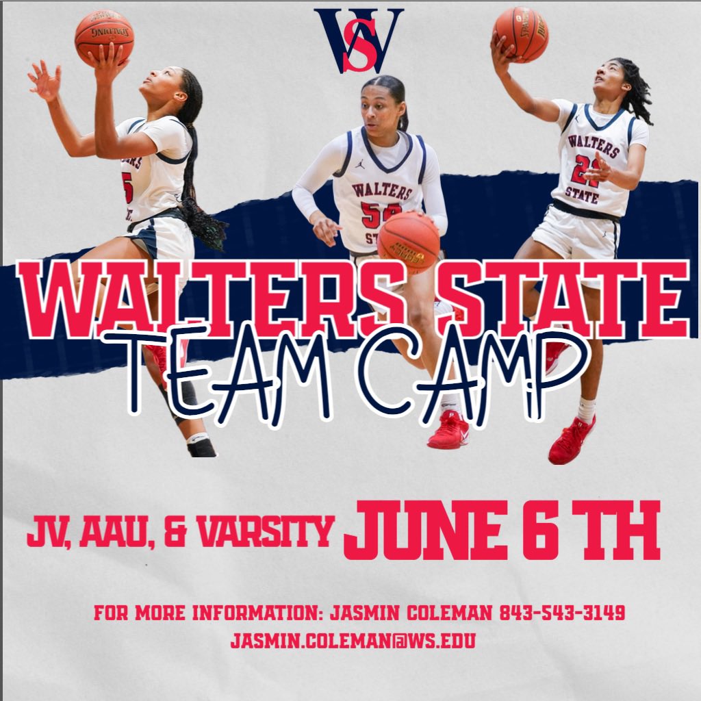 Walters State Women’s Basketball (@waltersstatewb) on Twitter photo 🚨TEAM CAMP 🚨
High School JV, AAU, & Varsity Girls Team Camp will Be June 6th in our beautiful gym at Walters State.
For More Information Contact Coach Jasmin Coleman 843-543-3149 or jasmin.coleman@ws.edu 🚨TEAM CAMP 🚨
High School JV, AAU, & Varsity Girls Team Camp will Be June 6th in our beautiful gym at Walters State.
For More Information Contact Coach Jasmin Coleman 843-543-3149 or jasmin.coleman@ws.edu