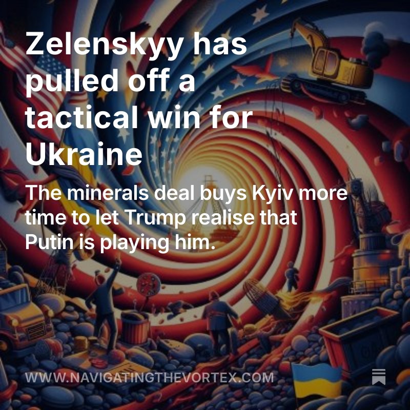 Stefan Wolff (@stefwolff) on Twitter photo The minerals deal, for now, keeps Ukraine—and its European allies—in the game and ensures continued US commitment not just in the war but also to a post-war future: bit.ly/4iQ60GU via <a href="/navvortex/">Navigating the Vortex</a>
#Trump #Zelensky #Putin #minerals #ceasefire #Russia #Ukraine The minerals deal, for now, keeps Ukraine—and its European allies—in the game and ensures continued US commitment not just in the war but also to a post-war future: bit.ly/4iQ60GU via <a href="/navvortex/">Navigating the Vortex</a>
#Trump #Zelensky #Putin #minerals #ceasefire #Russia #Ukraine