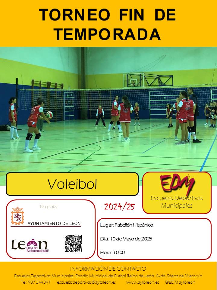 Las Escuelas Deportivas Municipales de este Excmo.  Ayuntamiento, va a organizar el evento: 
‘TORNEO FIN DE TEMPORADA’  
Día: 10 de Mayo de 2025  
Horario: 10:00 - 14:00 horas   
Lugar: Pabellón Hispánico
<a href="/LeonAyto/">Ayuntamiento de León</a> , #leonesp , #EDMLeon , #aytoleon ,
<a href="/EDM_aytoleon/">EDM-León</a>
