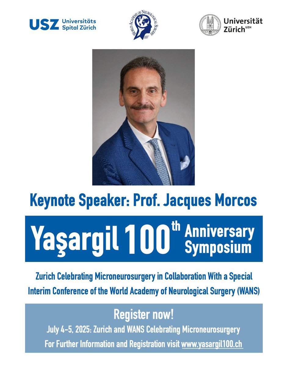 yasargil100 (@yasargil100) on Twitter photo ๐ We are honored to welcome Prof. Dr. Jacques Morcos as a keynote speaker at the Yaลargil 100th Anniversary Symposium!
๐ Location: University Hospital Zurich
๐
Date: 05.07.2025
๐ Registration: yasargil100.ch/registration
<a href="/AANSNeuro/">AANS</a>
<a href="/NeurosurgUTH/">UT Houston Neurosurgery</a>
<a href="/Unispital_USZ/">Unispital_USZ</a>
<a href="/UZH_en/">University of Zurich</a> ๐ We are honored to welcome Prof. Dr. Jacques Morcos as a keynote speaker at the Yaลargil 100th Anniversary Symposium!
๐ Location: University Hospital Zurich
๐
Date: 05.07.2025
๐ Registration: yasargil100.ch/registration
<a href="/AANSNeuro/">AANS</a>
<a href="/NeurosurgUTH/">UT Houston Neurosurgery</a>
<a href="/Unispital_USZ/">Unispital_USZ</a>
<a href="/UZH_en/">University of Zurich</a>