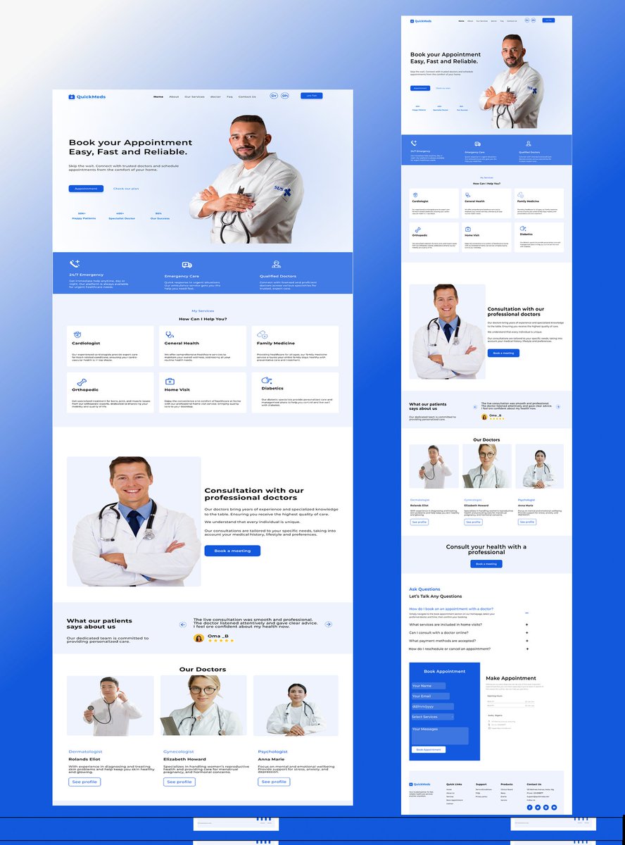 Blessing_UIUX's tweet photo. Just wrapped up the UI design for QuickMeds– a modern website for easy doctor appointments & consultations 🩺💻
Built for speed, clarity, and care.
What do you think?
#UIUX #HealthTech #FigmaDesign #QuickMeds #WebDesign #UX #MedicalUI #webcommunity #tech https://t.co/OtB8YwDO2l