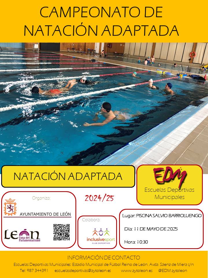 Las Escuelas Deportivas Municipales del  Ayuntamiento de León, va a participar en el evento: 
“CAMPEONATO DE NATACIÓN ADAPTADA”
Día: 11 de Mayo de 2025 
Horario: 10:30 horas 
Lugar: Piscina Salvio Barrioluengo
<a href="/LeonAyto/">Ayuntamiento de León</a> , #leonesp , #EDMLeon , #aytoleon ,
<a href="/EDM_aytoleon/">EDM-León</a>