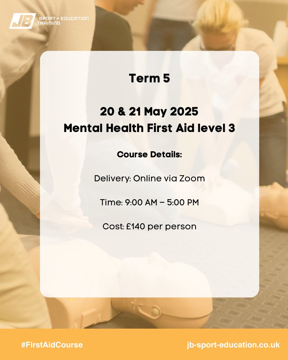 JBSportCoaching's tweet image. Spaces Available—Level 3 Mental Health First Aid in the Workplace Qualification
To book or request further information, please contact our admin team:
📧 admin@jbse.uk
📞 01507 237227

jb-sport-education.co.uk/services/train…

#Mentalhealthfirstaid #courseprovider #Lincolnshire #mentalwellbeing