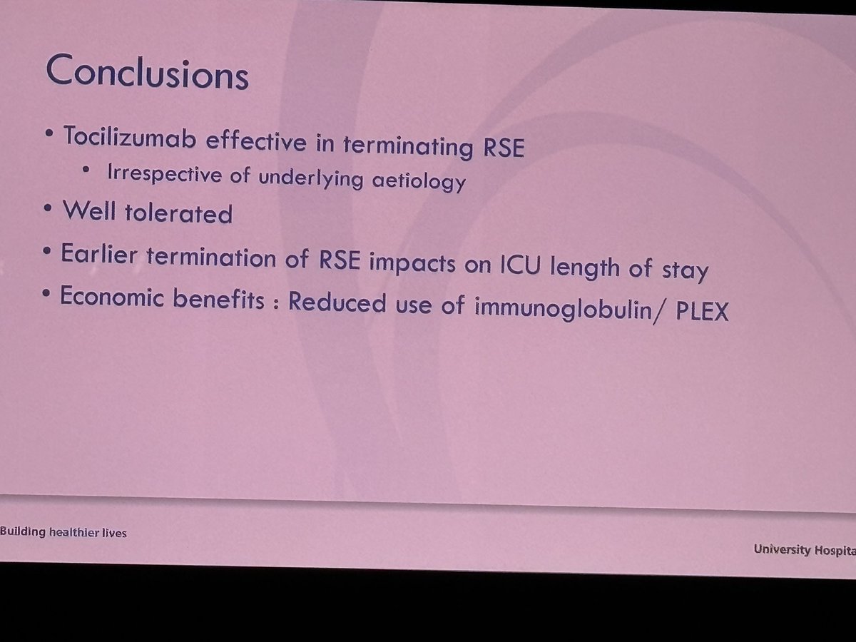 Interesting to see the experience of the Birmingham team of using tocilizimab in small  case series of refractory status. Asking if the drug should be included in protocols #ABN2025